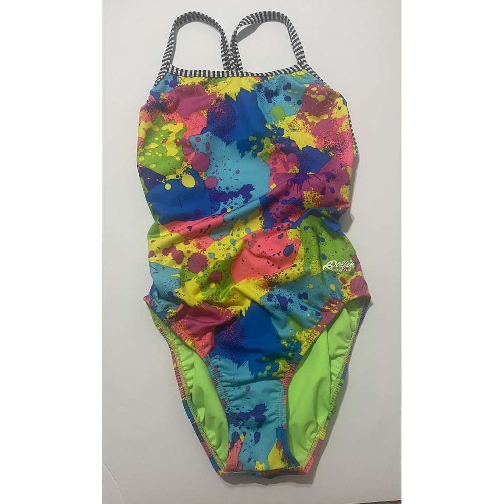 Dolfin Uglies One Piece Swimsuit  V-Back One Piece Size 38 Multi Color Splatter